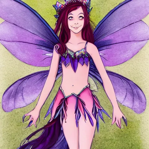 Prompt: very very very beautiful fairy princess with fairy wings, bare midriff, one foot raised off the ground, full body portrait, eye contact, smiling, flirty, perfect face, perfect body, drawn by keith garvey