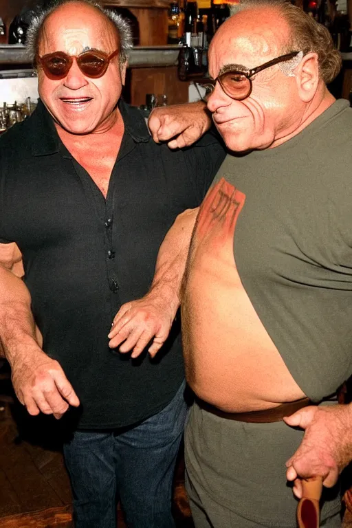 Prompt: danny devito with a buff arnold schwarzenegger body flexing in paddy's pub