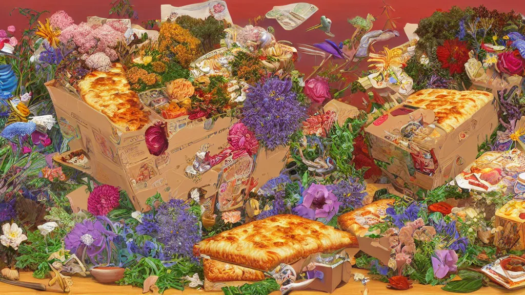 Prompt: highly detailed oil painting of a box of hot pockets surrounded by all the known species of flowers by olaf hayek, by moebius, by oliver vernon, by joseph moncada, by damon soule, by manabu ikeda, by kyle hotz, by dan mumford, by kilian eng