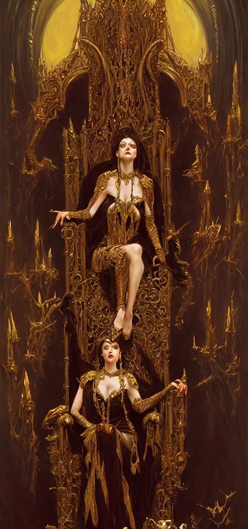 Image similar to full body portrait of beautiful vampire queen in gold gothic robes sitting on a throne of bones, elegant, highly detailed painting by gaston bussiere, craig mullins, j. c. leyendecker, 8 k, mid shot