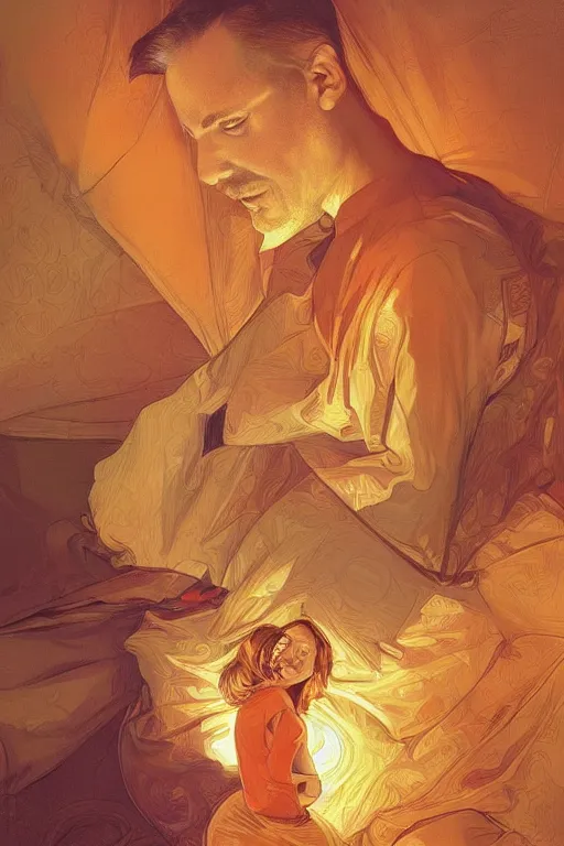 Image similar to portrait of tinfoil hat man in orange t - shirt hugging from behind his wife in a bed, feelings, romantic, fantasy, intricate, elegant, highly detailed, digital painting, artstation, concept art, smooth, sharp focus, illustration, art by artgerm and greg rutkowski and alphonse mucha