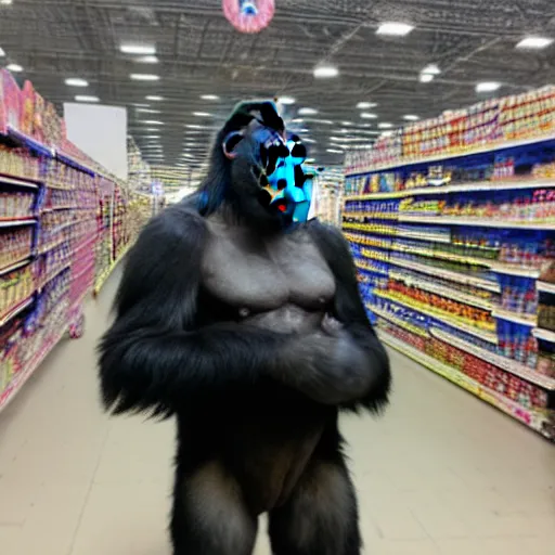 Image similar to photo of gorilla in walmart, cell phone camera, zoom,