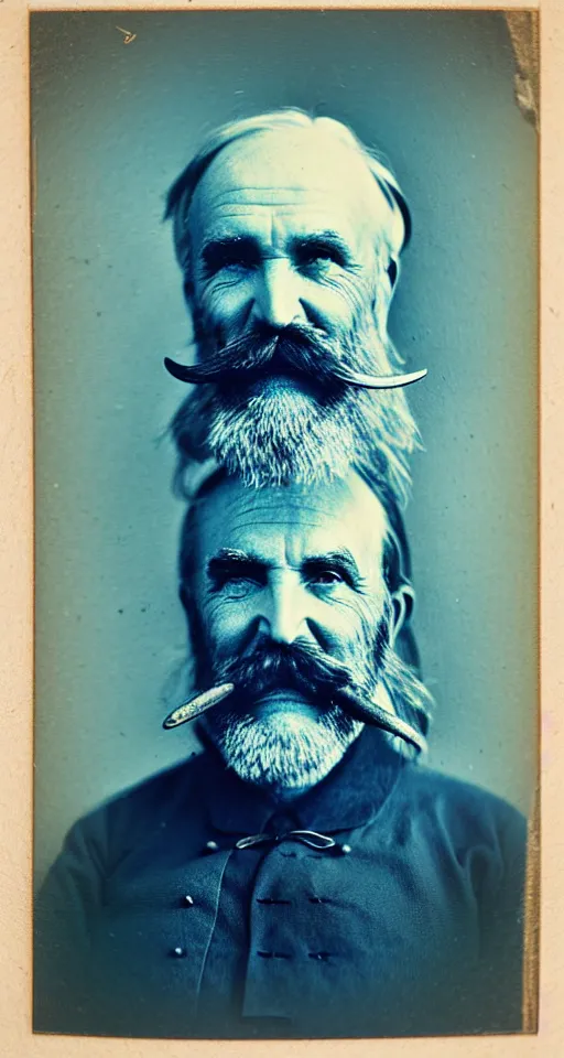 Image similar to a Cyanotype photograph of a grizzled old sea captain with a walrus mustache