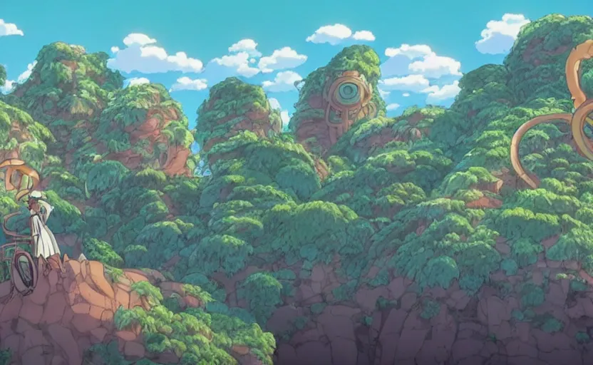 Image similar to a cell shaded movie still from a studio ghibli cartoon showing a highly detailed landscape with a giant mechanical snake from howl's moving castle in an oasis in the desert. misty, depth perception, 4 k