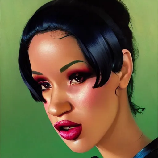 Image similar to 4k headshot of thicc Cardi B from Macfarlane comics, killing with green fire by Craig Mullins, ilya kuvshinov, krenz cushart, epic , artgerm trending on artstation by Edward Hopper and Dan Mumford and WLOP and Rutkovsky, beksinski carl spitzweg moebius and tuomas kocar, intricate artwork by caravaggio, Unreal Engine 5, Lumen, Nanite , 4K headshot of godlike clown with defined arms and open hands and bloody clothes with giant mandala wings , intricate face , flawless anime cel animation by Kentaro Miura, psychedelic , highly detailed upper body , professionally post-processed , beautiful, scary, symmetry accurate features, epic, octane rendered, anime masterpiece, accurate