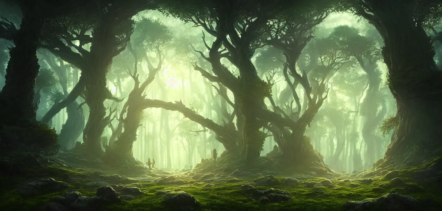 Image similar to random mystic forest huge house landscape, big glowing magic giant portal, huge central symmetrical composition, incredible, vector art, octane render, fabulous, hyper detailed, random cinematic view, no noise, global illumination, warm lighting, volumetric, godrays, vivid, beautiful, by jordan grimmer