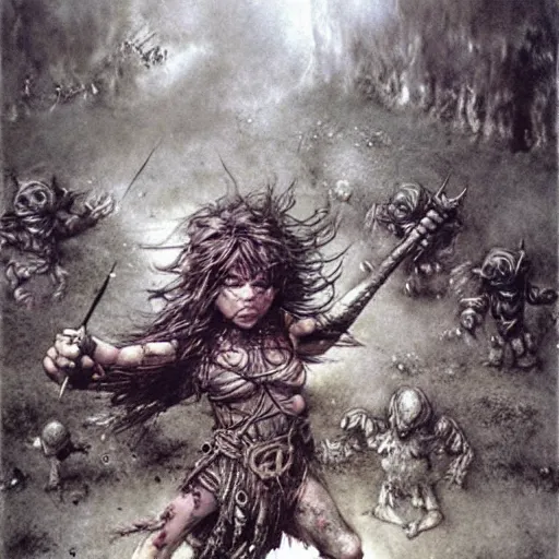 Prompt: barbarian girl fighting small cute goblins by Luis Royo and Beksinski