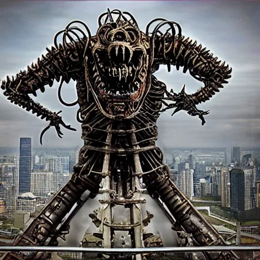 Prompt: eldritch horror metal monster made of machinery standing atop skycrapers