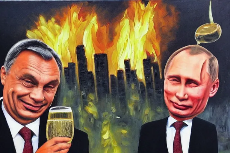 Image similar to viktor orban winking and drinking champagne with putin in front a burning city, oil painting