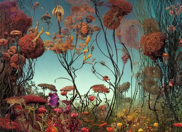 Image similar to a chaotic whirlwind of wildflowers and leaves, intricate details, aesthetically pleasing, dreamscape in a jar, gorgeous lighting, highly detailed, by zdzisław beksinski and francis bacon, art by dave mckean and rowena morrill and jeanbaptiste monge, computer aesthetic, vaporwave