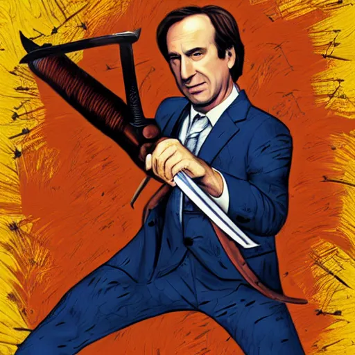 Prompt: a portrait of Saul Goodman holding the Berserk sword