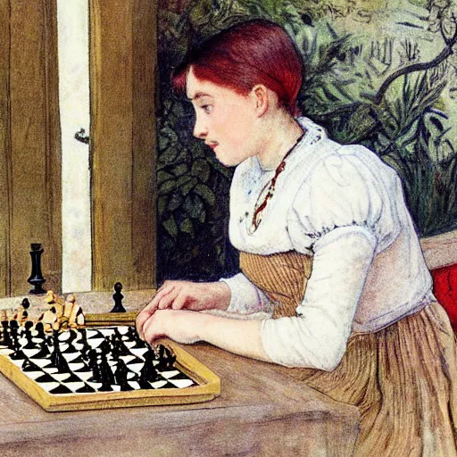 Prompt: a young edwardian woman playing chess against a rabbit, in the style of carl larsson