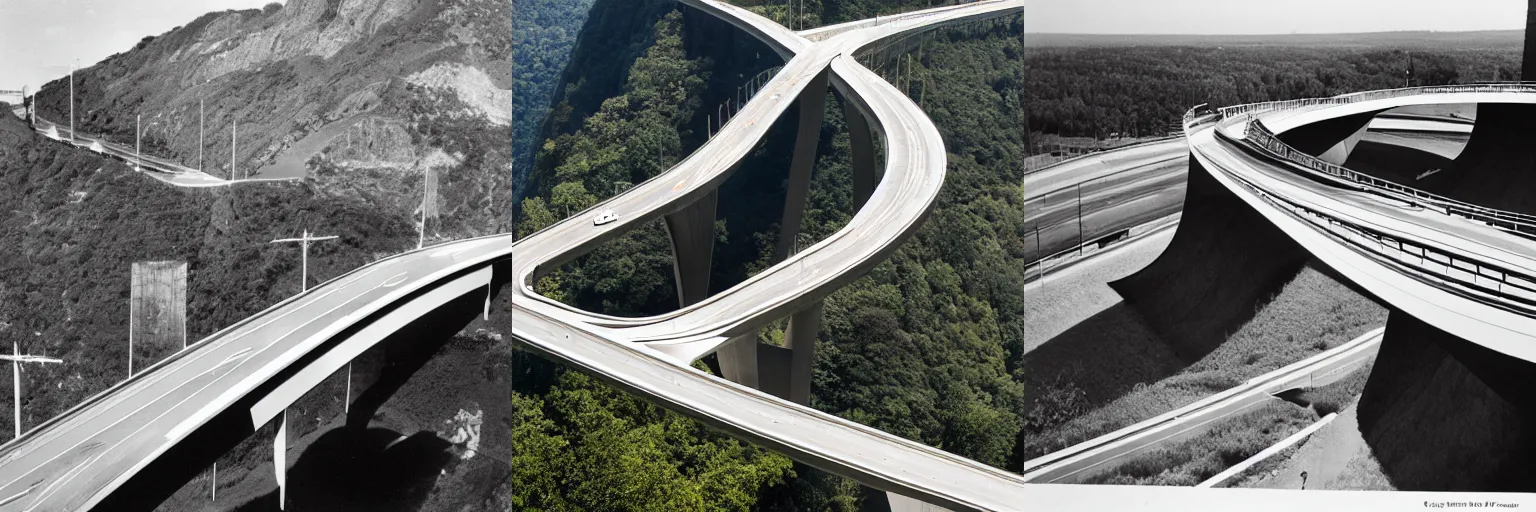 Prompt: A highway interchange over the edge of a cliff, Zaha Hadid, Charles Sheeler, flying buttresses