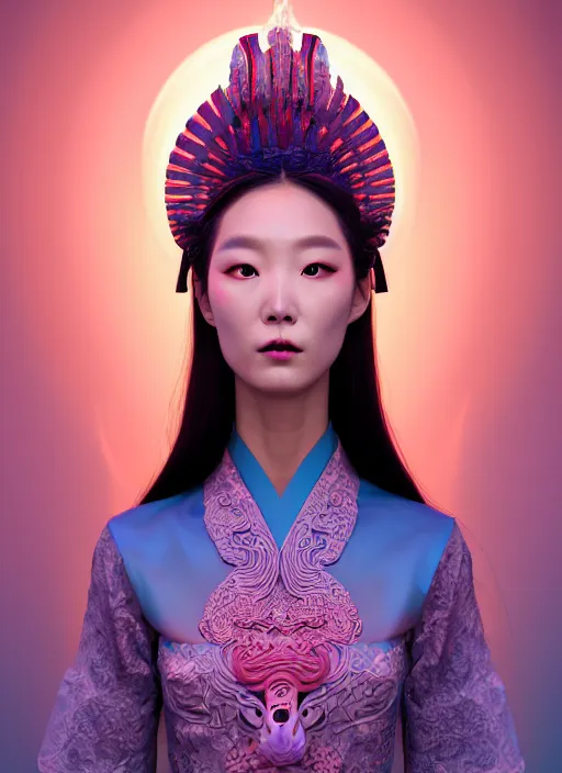 Image similar to 3 d goddess medium shot profile portrait. beautiful intricate highly detailed korean gumiho mask and traditional korean hanbok. stingray, magpie, bioluminescent, plasma, lava, ice, water, wind, creature, fog, artwork by tooth wu and wlop and beeple and greg rutkowski, 8 k trending on artstation,