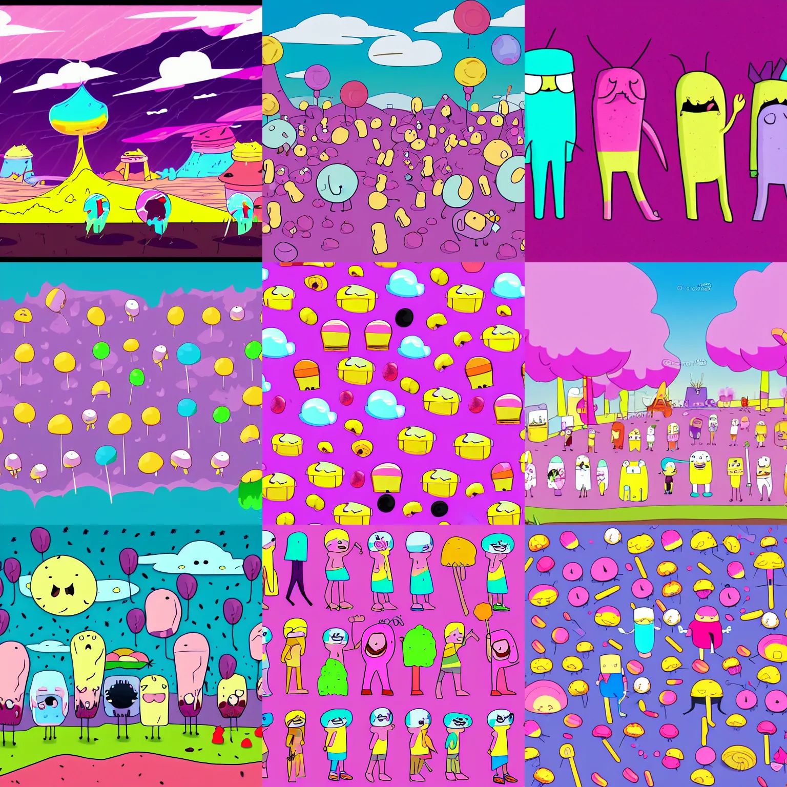 Prompt: candy people cartoon in the style of adventure time, all of the people are deserts or candy, the ground is made out of cotton candy, the sky's light purple with a mix of pink