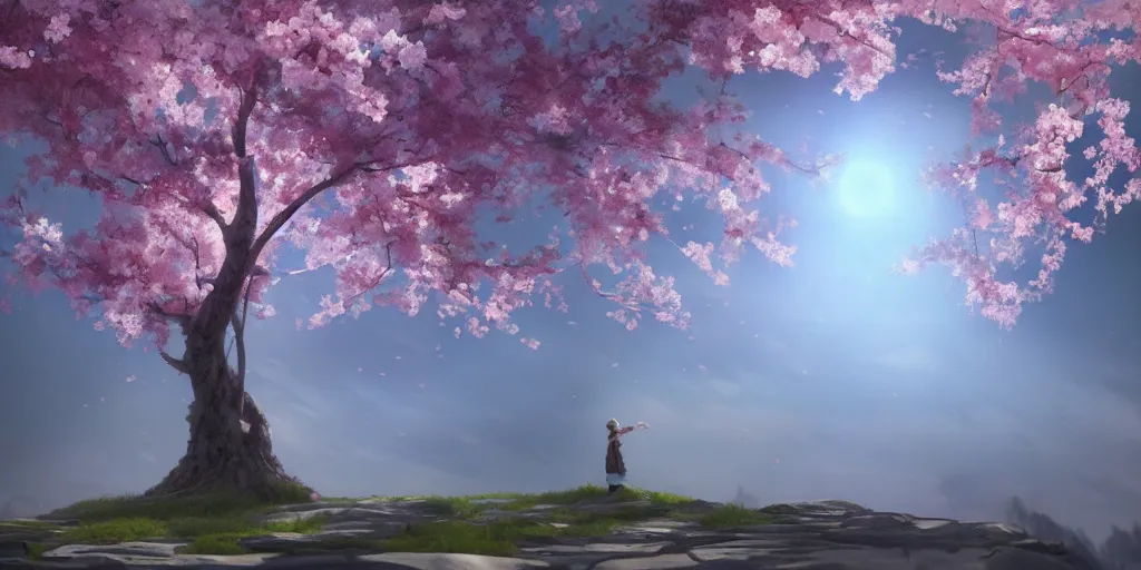 Image similar to a sakura tree, detailed oil painting, cinematic angle, hyperrealistic, breathtaking, volumetric lighting, cinematic lighting, dynamic, Studio Ghibli, digital art, octane render, epic composition, trending on artstation, masterpiece