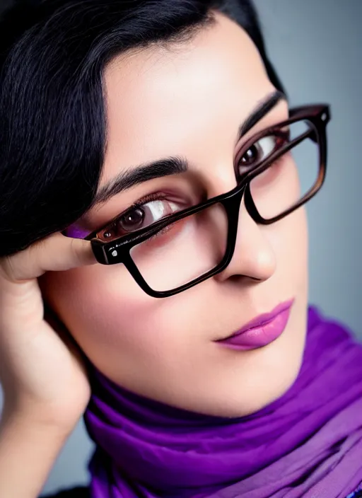 Prompt: kodak portra 4 0 0, 8 k, highly detailed, britt marling style, color studio - portrait of a handsome cute 2 0 year old short black haired hyderabadi muslim female with cateye glasses wearing purple, muted colors, up face with 1 9 2 0's hairstyle and cloth style, asymmetrical, hasselblad