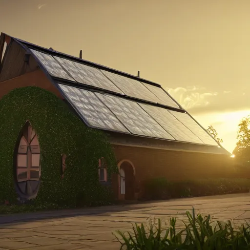 Prompt: solarpunk chapel from the outside, beautiful lighting, photorealistic, detailed, unreal engine 5