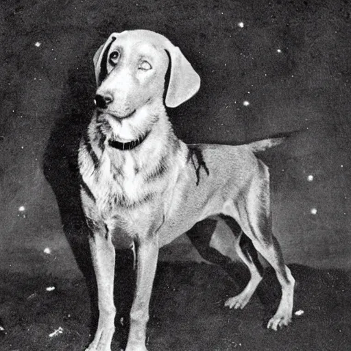 Image similar to an early 1 9 0 0 s photograph of a black dog marked by an extraterrestrial sigil, moonlight, nighttime,