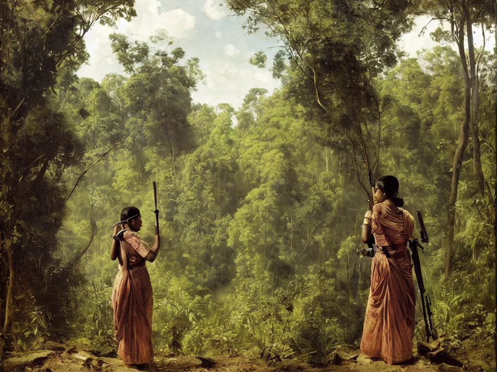 Image similar to sri lankan woman holding an ak 4 7 in a jungle next to an anc 8 8 ient ruin, by camille corot, third - person, f / 2 2, kinemacolor, rim lights, insanely detailed and intricate, hypermaximalist, elegant, ornate, hyper realistic, super detailed