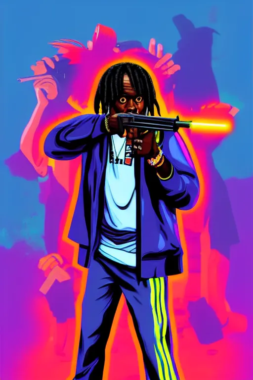 Image similar to chief keef with riffle, gta vice city style, pop art, no duplicate image, glowing lights, ultra details, digital painting, artstation, concept art, smooth, sharp focus, illustration, intecrate details, art by richard hamilton and mimmo rottela, pixels art by kirokaze and paul robertson