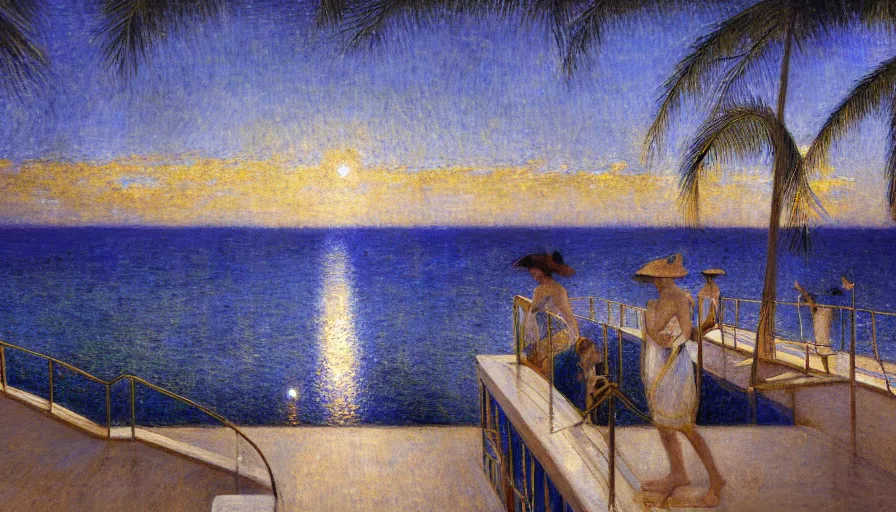 Image similar to a ultradetailed beautiful painting of the night sky of the amazonas pool palace balustrade designed by jules bastien - lepage, tarsila do amaral, frank weston and gustave baumann, beach, trending on artstation, mediterranean, palm trees, sharp focus, sail boats, soft light, 8 k 4 k