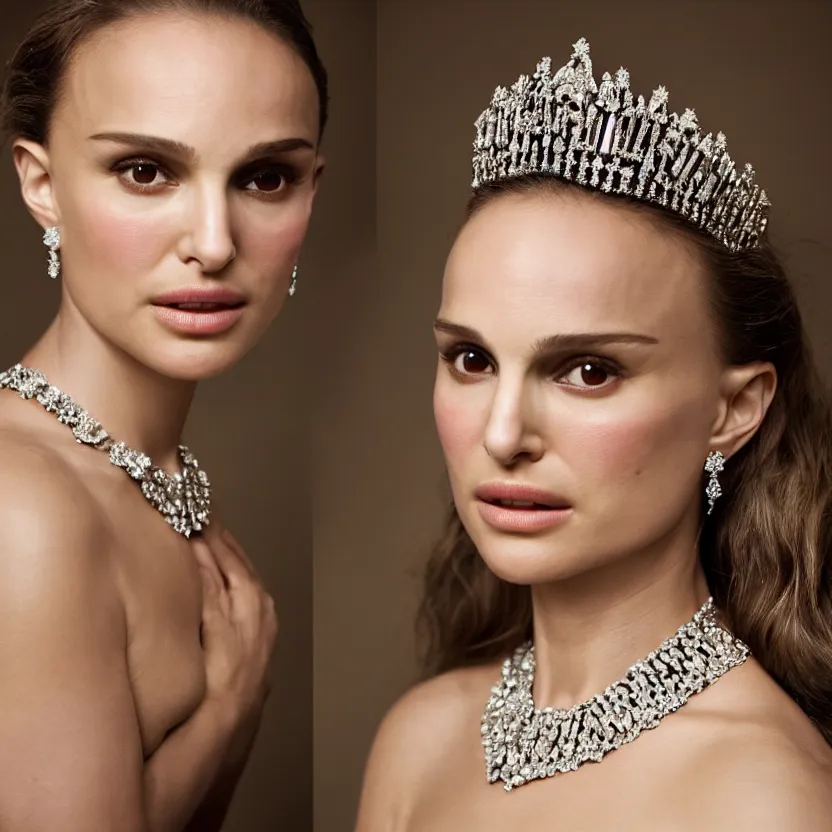 Image similar to natalie portman as the queen of england, big crown adorned with emerald, diamonds, topaz and other jewellaries, sensual, beautiful soft light failling on her face, studio photography, nikon 3 5 mm portrait photography, ultra realistic