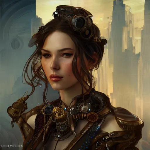 Prompt: Three quarters old portrait of a stunning female steampunk, highly detailed, digital painting, art by Stanley Lau and Artgerm and magali villeneuve and Alphonse Mucha, artstation, octane render, cgsociety