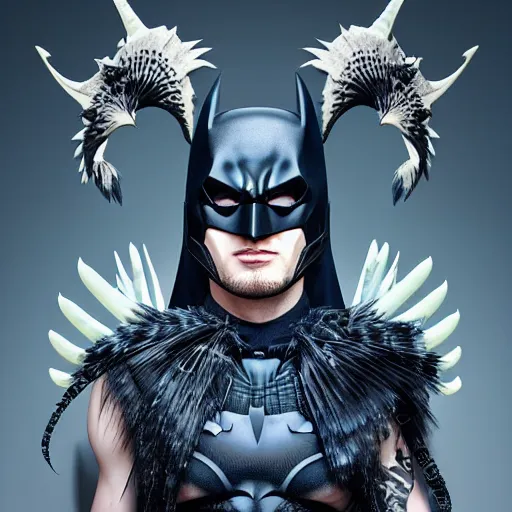 Prompt: jansen ackles as batman, 3 d portrait punk with mohawk with goat skull. beautiful intricately detailed japanese crow kitsune mask and clasical japanese kimono. betta fish, jellyfish phoenix, bio luminescent, plasma, ice, water, wind, creature, artwork by tooth wu and wlop and beeple and greg rutkowski