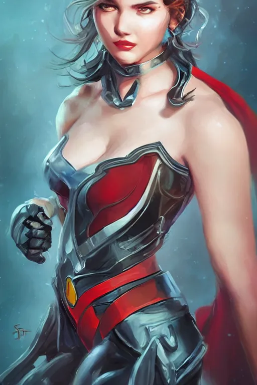 Image similar to three quarters portrait of a beautiful woman,super hero costume,heroic pose,highly detailed, digital painting,illustration, art by Stanley Lau