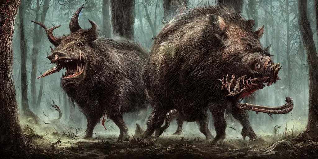 Image similar to giant monstrous wild boar with red eyes and many tusks, in dark woods, dim colors, forest, highly detailed illustration, masterpiece, fantasy, magical, hyperdetailed, realistic, witch fairytale, 4 k, 8 k, highly detailed matte painting, dungeons and dragons