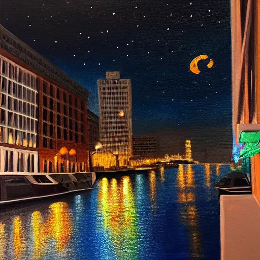 Image similar to night time, midnight. highly detailed painting, realist 8 k