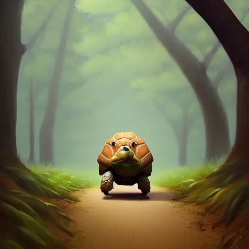 Image similar to Goro Fujita a portrait tortoise walking through the forest, painting by Goro Fujita, ArtStation