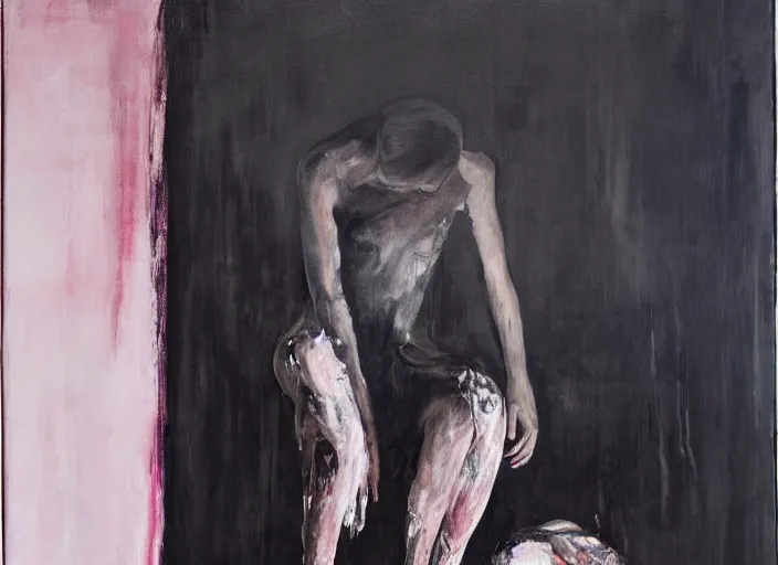 Prompt: young ballerina training in a big dark room, painted in style of marlene dumas, pat steir, oil painting, dripping paint, intricate details, psychologic, melancholic, symmetrical face, hyper detailed