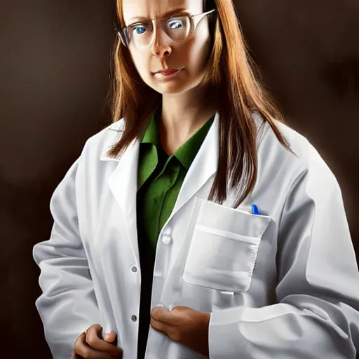 Image similar to dramatic dark painting digital art of brown hair female scientist wearing white lab coat, looking concerned