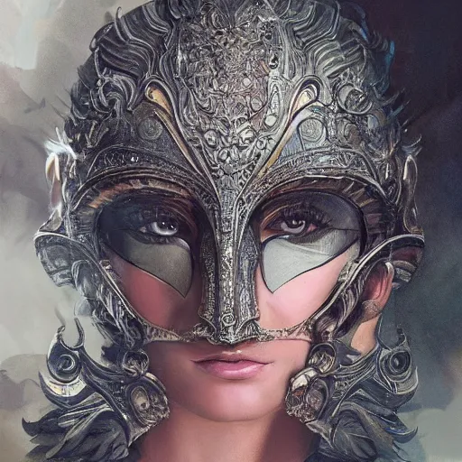 Image similar to Very very very very highly detailed epic photo of face with beautiful ornamental venetian mask, intricate, dystopian, sci-fi, extremely detailed, digital painting, artstation, concept art, smooth, sharp focus, illustration, intimidating lighting, incredible art by Artgerm and Vincent di Fate and Anton Pieck