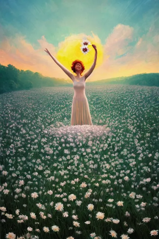 Prompt: giant white daisy flower as head, woman dancing in a flower field, surreal photography, sunrise, dramatic light, impressionist painting, colorful clouds, digital painting, artstation, simon stalenhag