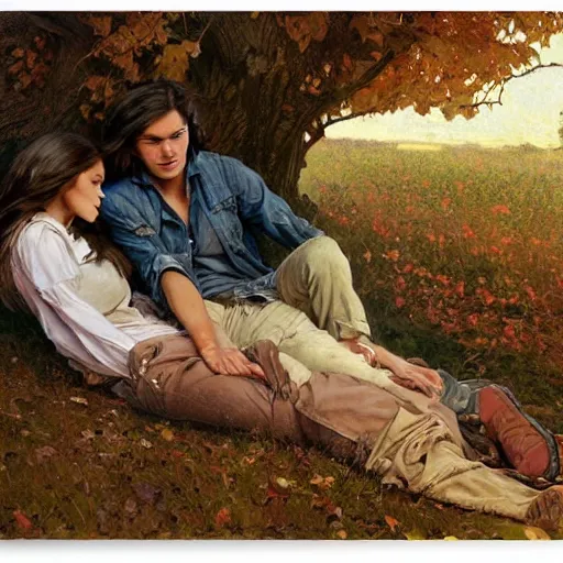 Image similar to young man and woman with long brown hair, laying under a tree looking at clouds autumn, ( ( ( wearing jeans ) ) ), by stanley artgerm lau, greg rutkowski, thomas kindkade, alphonse mucha, loish, norman rockwell