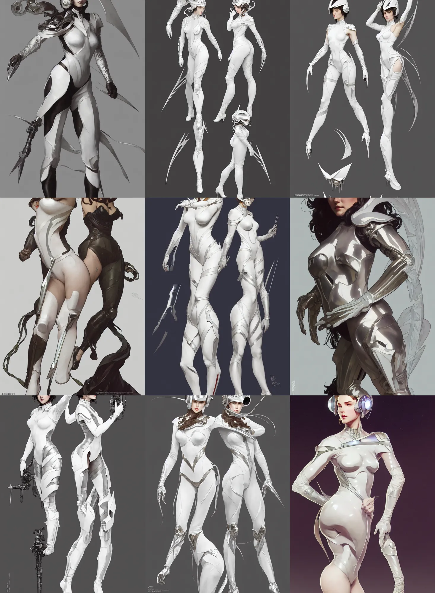 Image similar to a full body character design by artgerm, cushart krenz, greg rutkowski and alphonse mucha. sci - fi dagger. white tape project show attctive showgirl!! full body with helmet!! sharp edge. ultra clear detailed. contour light effect!! 8 k. stage light. ultra detailed, elegant, intricate, octane render.