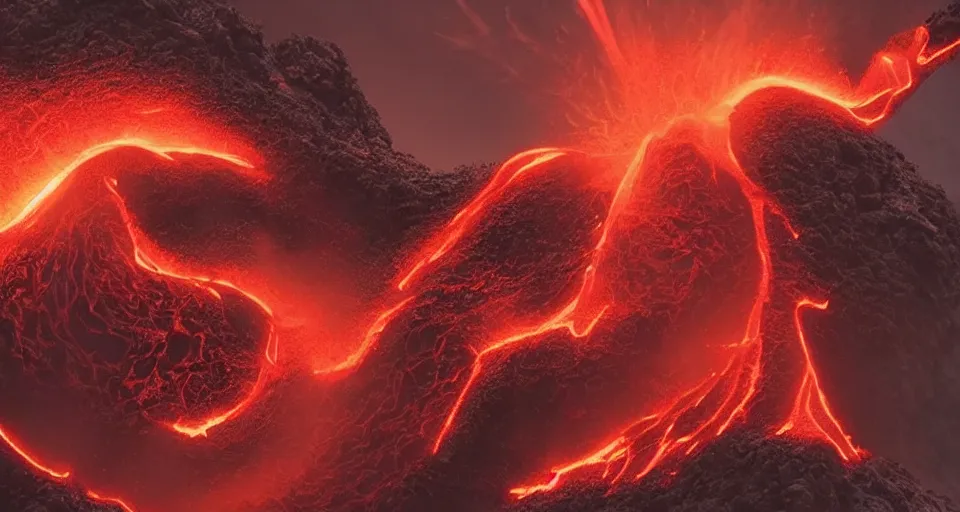 Image similar to a volcano made of ivory vines and crimson rocks enters in eruption, it spits a smoke in the shape of demonic eye, from Hearthstone