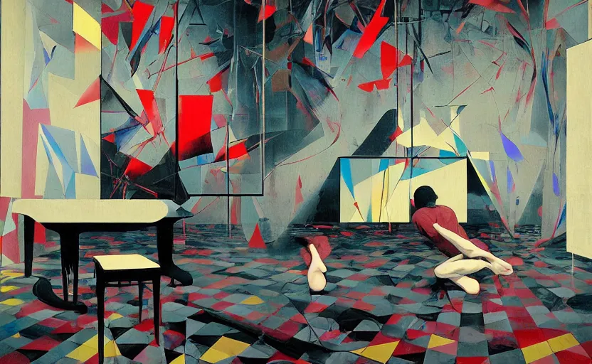 Image similar to decollage painting old man struggle in a room of old palace by adrian ghenie and takato yamamoto and edward hopper and mark ryden and tsutomu nihei, part by bridget riley, acrylic pour and splashing paint, very coherent, baroque elements, perfect anatomy, intricate design. pop art.