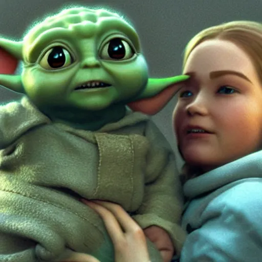 Prompt: real vintage photo, zelda the princess holding baby yoda in her arms, detailed, hyper realistic, 4 k octan render, unreal 5