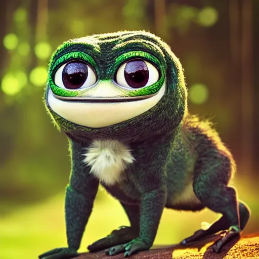 Image similar to very very very very cute chibi Pepe, portrait, pixar style, forest background, cinematic lighting, award winning creature portrait photography