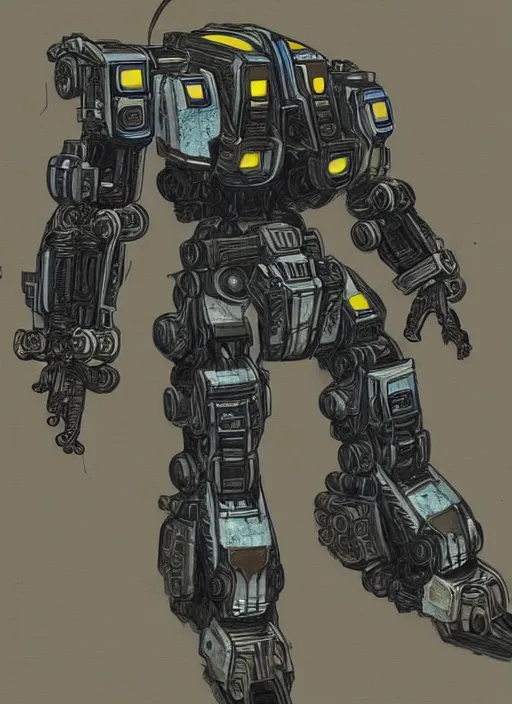 Prompt: titanfall mech blueprints by thomas hubert.