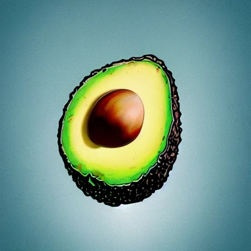 Image similar to bob ross as an embryo inside an avocado