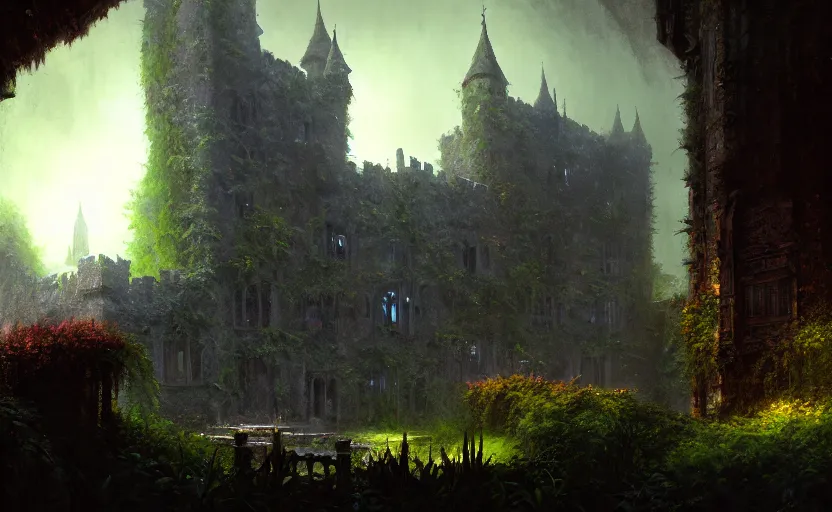 Image similar to an old castle covered by plants with moody and cinematic lighting by greg ruthkowski and craig mullins, cinematic and atmospheric, concept art, artstation, trending on artstation