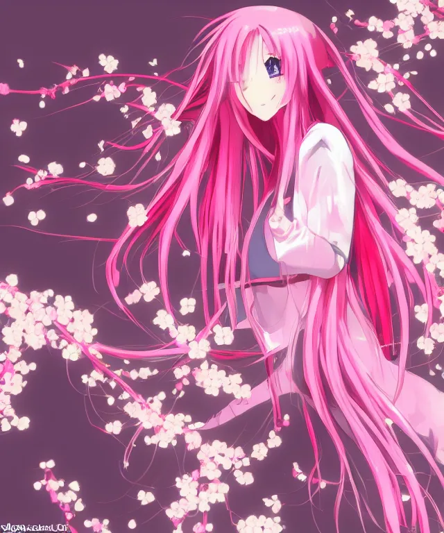 Prompt: anime girl, light pink hair with pink flames, video game, cherry blossoms, neo tokyo, symmetrical, highly detailed, cute