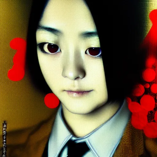 Image similar to yoshitaka amano blurred and dreamy realistic three quarter angle portrait of a young woman with short hair and black eyes wearing office suit with tie, junji ito abstract patterns in the background, satoshi kon anime, noisy film grain effect, highly detailed, renaissance oil painting, weird portrait angle, blurred lost edges