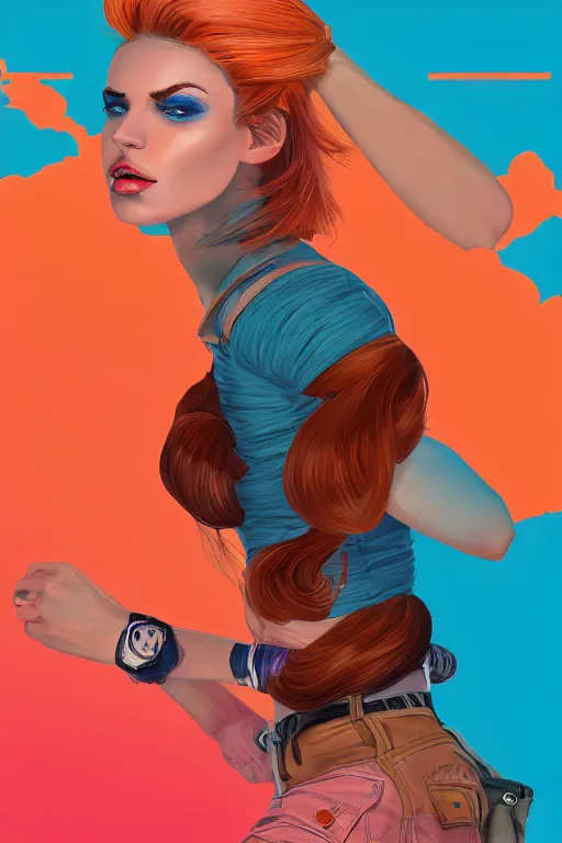 Image similar to a award winning half body portrait of a beautiful caucasian woman in a croptop and cargo pants with ombre orange blue teal hairstyle with head in motion and hair flying by will eisner, outrun, vaporware, digital art, trending on artstation, highly detailed, fine detail, intricate