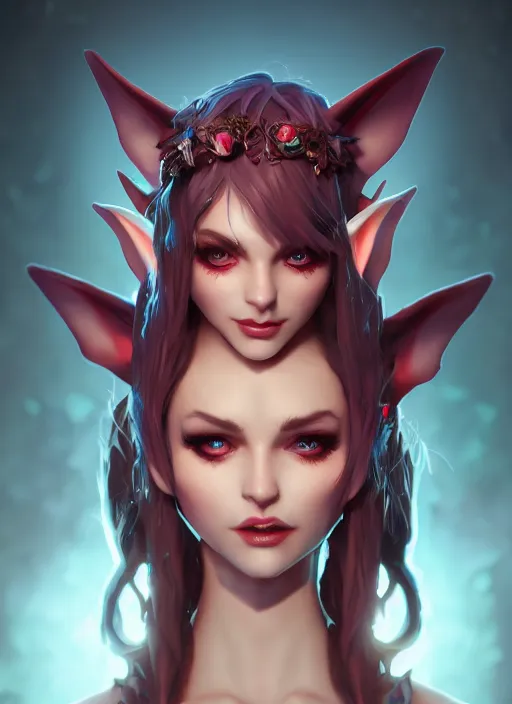 Image similar to imp demon goddess, cute elf ears, strapless dress, character portrait in the style of thomas river and artgerm, cinematic lighting, hyperdetailed, 8 k realistic, symmetrical, global illumination, radiant light,, frostbite 3 engine, cryengine, dof, trending on artstation, digital art, chanel